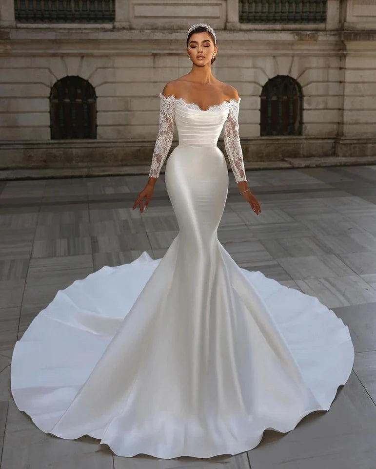 Stain Mermaid Wedding Dress dengan kereta api yang bisa dilepas renda panjang gaun pengantin lengan batang vestido de novia