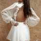 Simple Backless Short Wedding Dresses Long Sleeves Pleated Tulle Mini Bride Dresses Flowers Illusion Civil Wedding Gowns