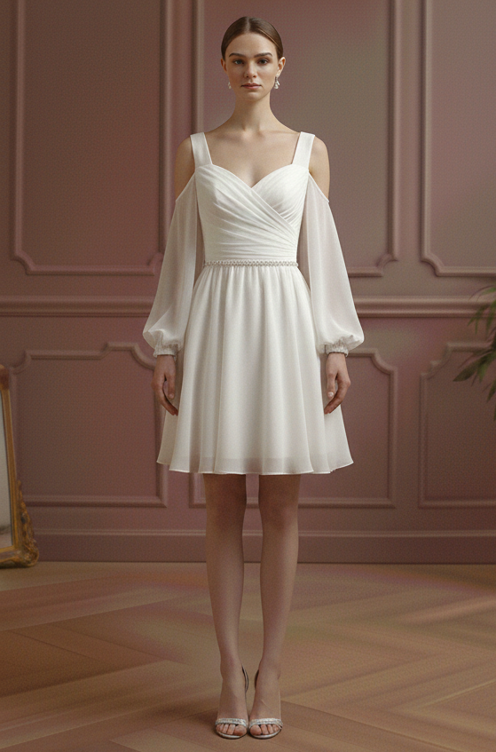 Cold Shoulder Wedding Dress Boho Short Chiffon Flowy Gown