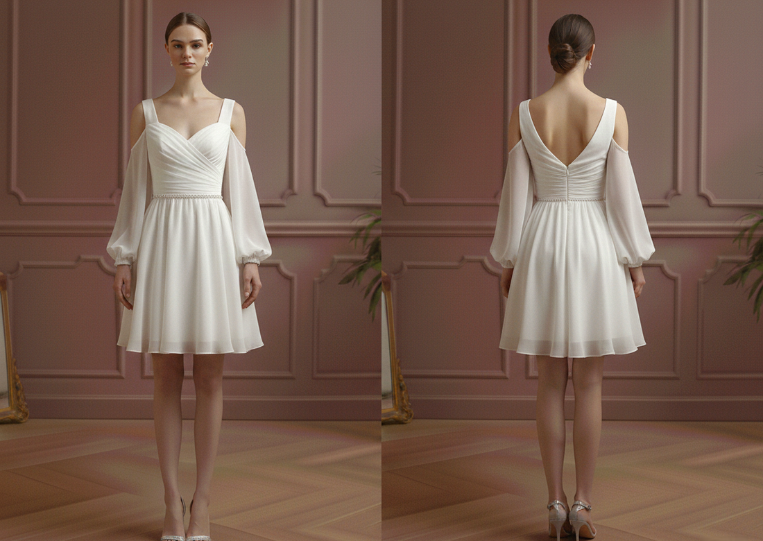 Cold Shoulder Wedding Dress Boho Short Chiffon Flowy Gown