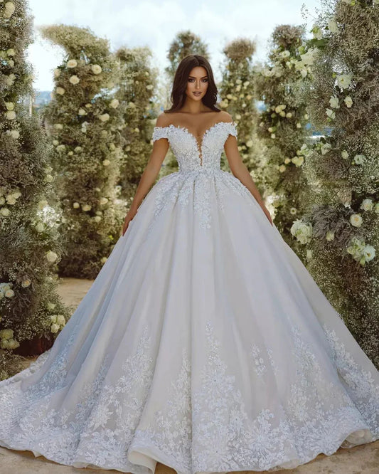 Vestidos de novia de encaje con purpurina Vintage, apliques con hombros descubiertos, corte en A, vestidos de novia con cuello en V, vestido de novia princesa sin espalda 