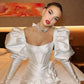 Satin Sheath Wedding Dresses For Women Mermaid Long Lantern Sleeves Pleated Above Knee vestidos novias