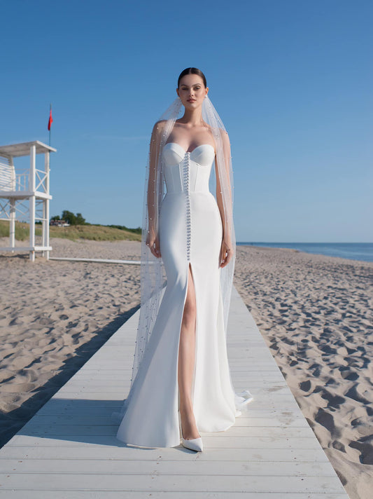 Vestidos de novia elegantes y sencillos, vestido de Birdes con mangas largas abullonadas para mujer, vestidos de noche de novia con botones y abertura en la pierna alta