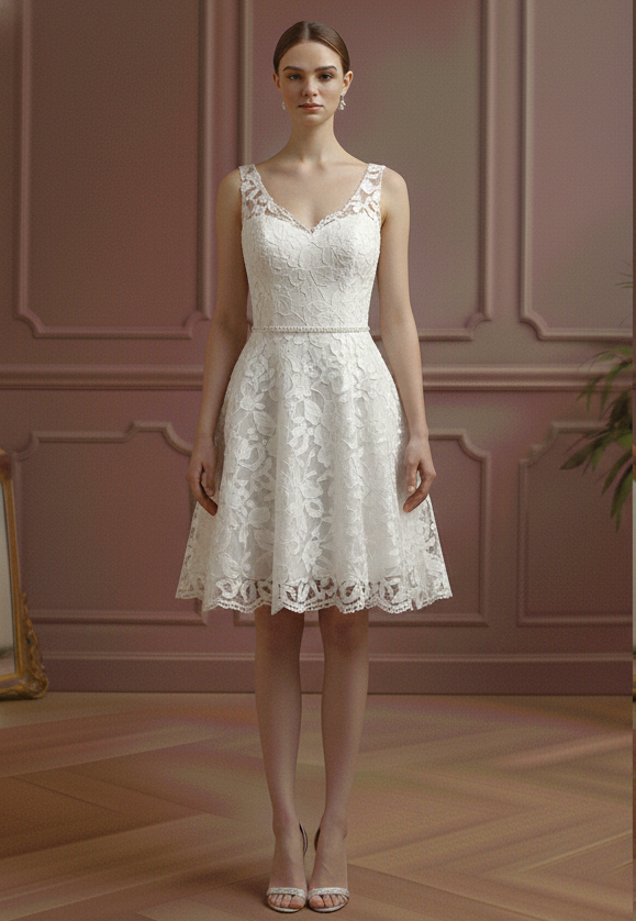 Floral Wedding Dress Subtle Short Embroidery Lace Bridal