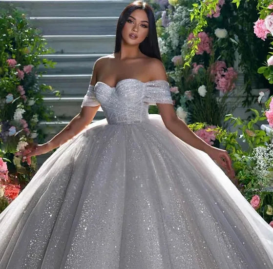 Lorie Glitter Tulle Wedding Dresses Di luar bahu gaun pengantin wanita berkilau lipit