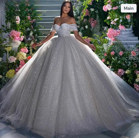 Lorie Glitter Tulle Wedding Dresses dari bahu berkilat bengkak Prom Gaun Pengantin Prom