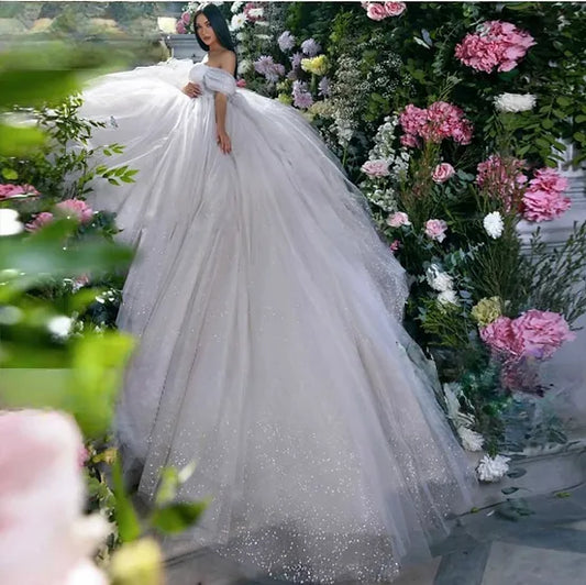 Lorie Glitter Tulle Wedding Dresses dari bahu berkilat bengkak Prom Gaun Pengantin Prom