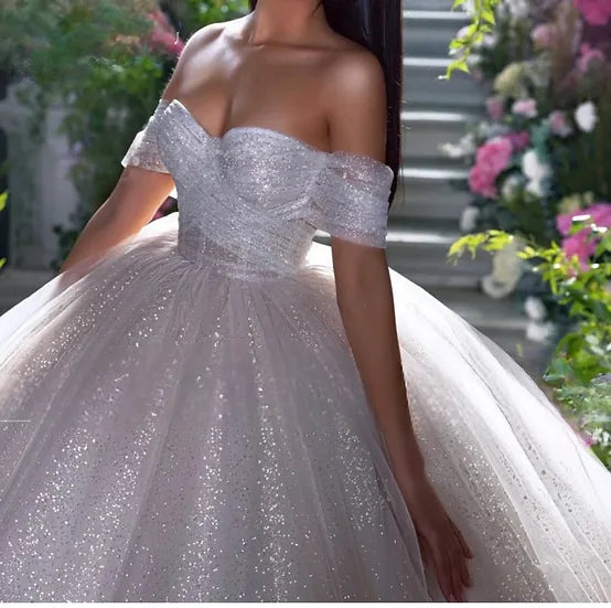 LORIE Glitter Tulle Wedding Dresses Off Shoulder Shiny Puffy Pleated Prom Bridal Gowns Sparkly Ball Pageant Bride Dress