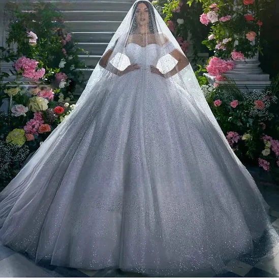 LORIE-vestidos de novia de tul con purpurina y hombros descubiertos, vestidos de novia plisados ​​brillantes y hinchados para graduación, vestido de novia para desfile de baile brillante