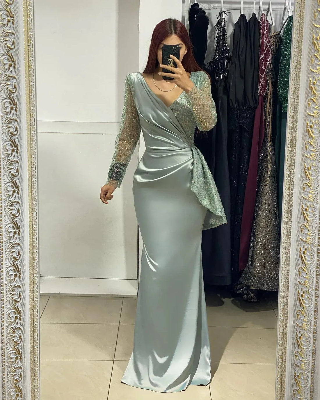 Luxury Mermaid Robes De Soirée Long Sleeve Prom Evening Dresses Silk Fishtail Prom Dresses Sequins Vestidos De Fiesta as pic