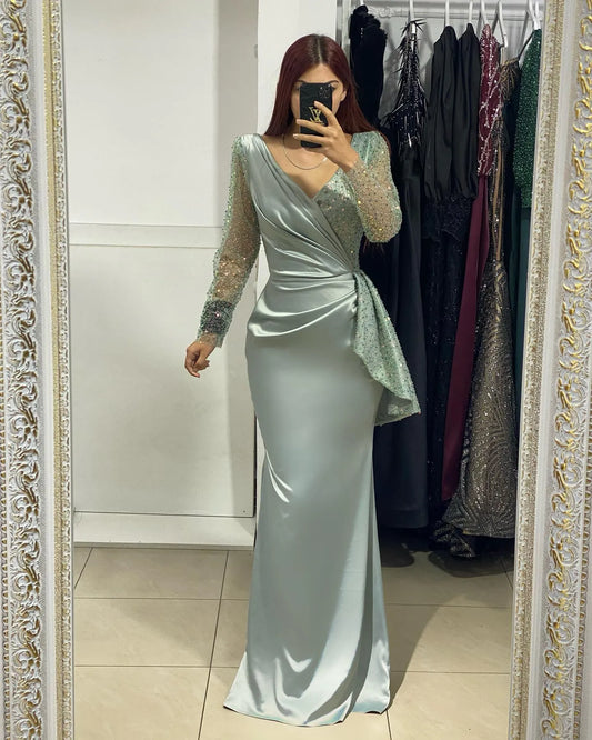 Luxury Mermaid Robes De Soirée Long Sleeve Prom Evening Dresses Silk Fishtail Prom Dresses Sequins Vestidos De Fiesta