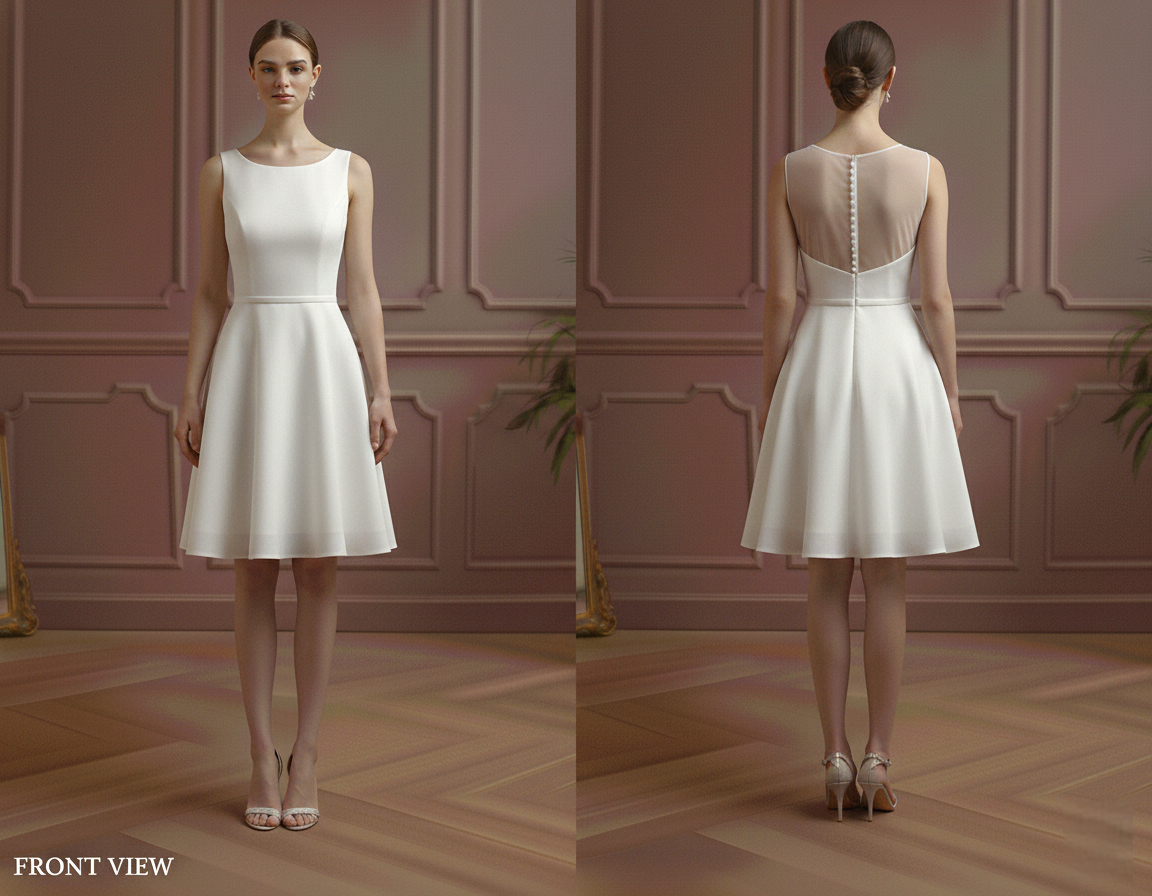 Illusion Back Wedding Dress Matte Short Button Detail Wear