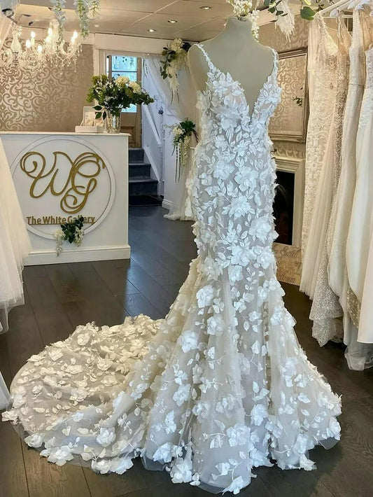 Spaghetti Tali Ilusi Gaun Perkahwinan Mermaid V-Neck Buka Kembali 3D Floral Lace Bridal Gowns Vestidos de Novia