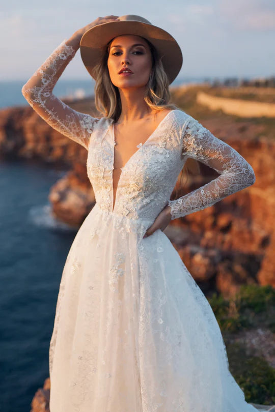 Elegante Spitzen Brautkleider Boho Langarm Tüll Tüll Brautkleid A-Line Strand Hochzeitskleider Böhmen Böhmen Prinzessin Partykleid