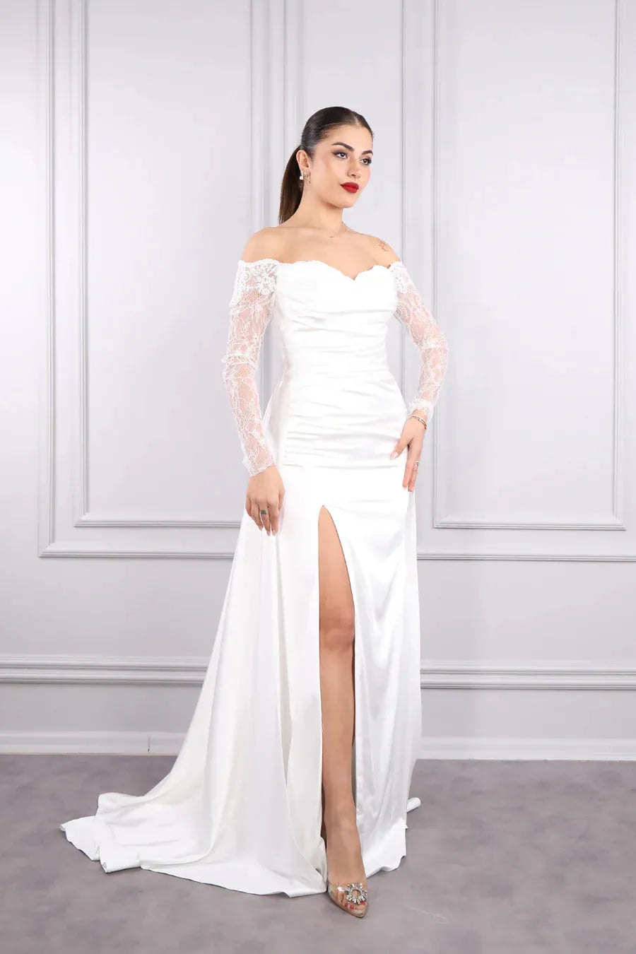 Elegant Mermaid Wedding Dresses Off Shoulder Lace Sleeves Stain Brides Dress High Side Slit Long Women's Evening Gowns