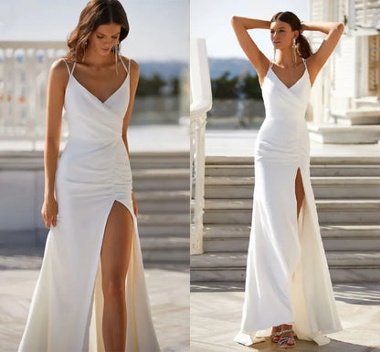 Sol Simple V-Neck Sleeveless Spaghetti Straps Mermaid Wedding Dress For Women Wide Backless High Slit Spandex Vestido De Novia