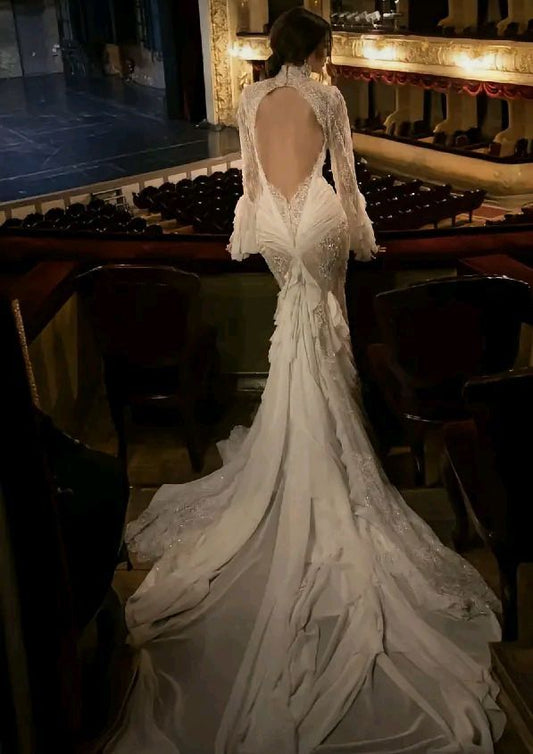 Abiti da sposa sirena in pizzo ad alto collo a maniche lunghe per le maniche lunghe per lenza in chiffon illusione tromba abiti da sposa senza schienale