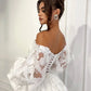 Ivory A-Line Wedding Dresses Off Shoulder Floral Brides Dress for Women Long Puff Sleeves Ankle Length Bridal Party Gowns