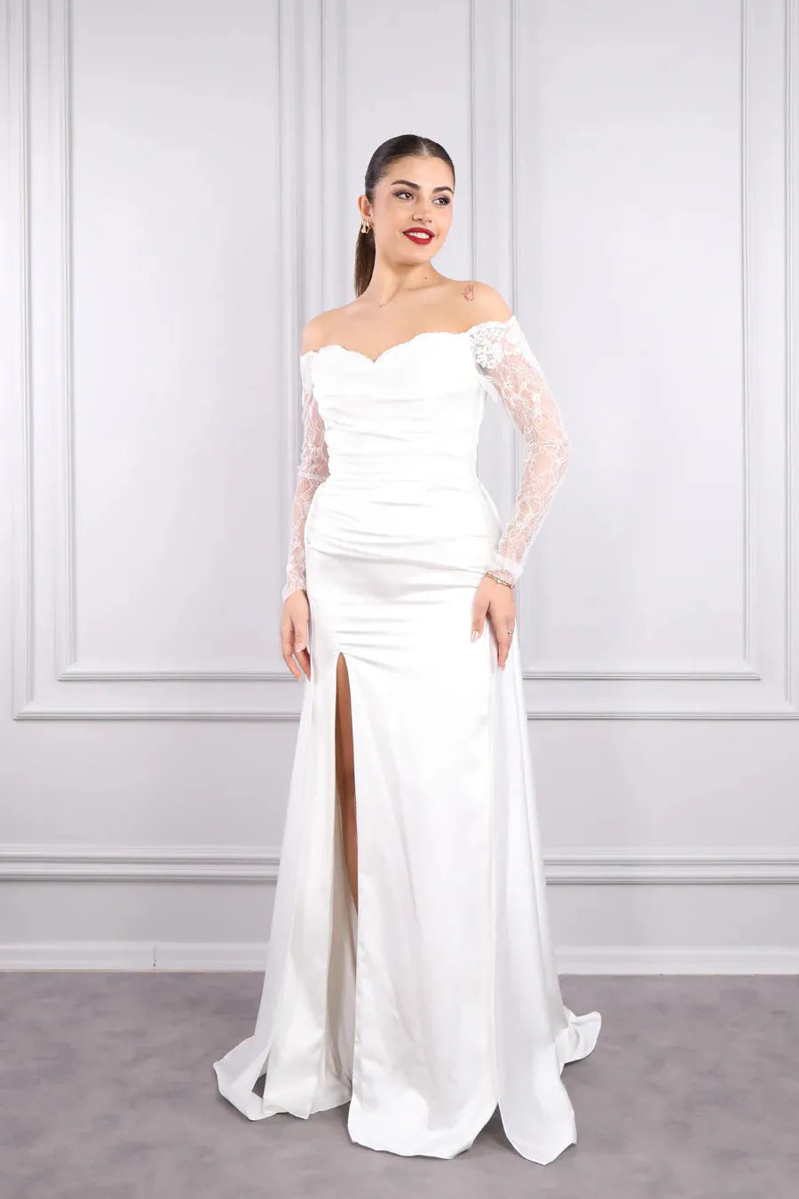 Elegant Mermaid Wedding Dresses Off Shoulder Lace Sleeves Stain Brides Dress High Side Slit Long Women's Evening Gowns