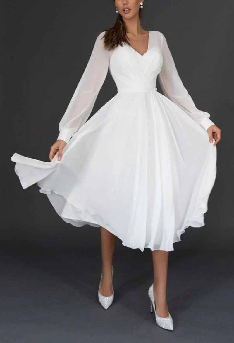 Elegant Sexy V Neck Long Sleeve Chiffon White Bride Dress Wedding Summer Women Evening Guest Formal Long Party Dresses