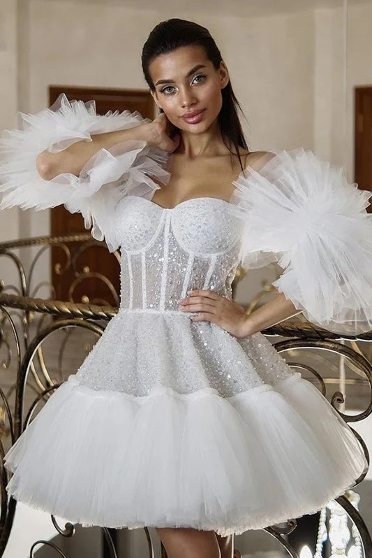 Robe de bal courte en Tulle bouffante à la mode, épaules dénudées, paillettes, robe d'anniversaire pour femmes, Mini robes de Cocktail