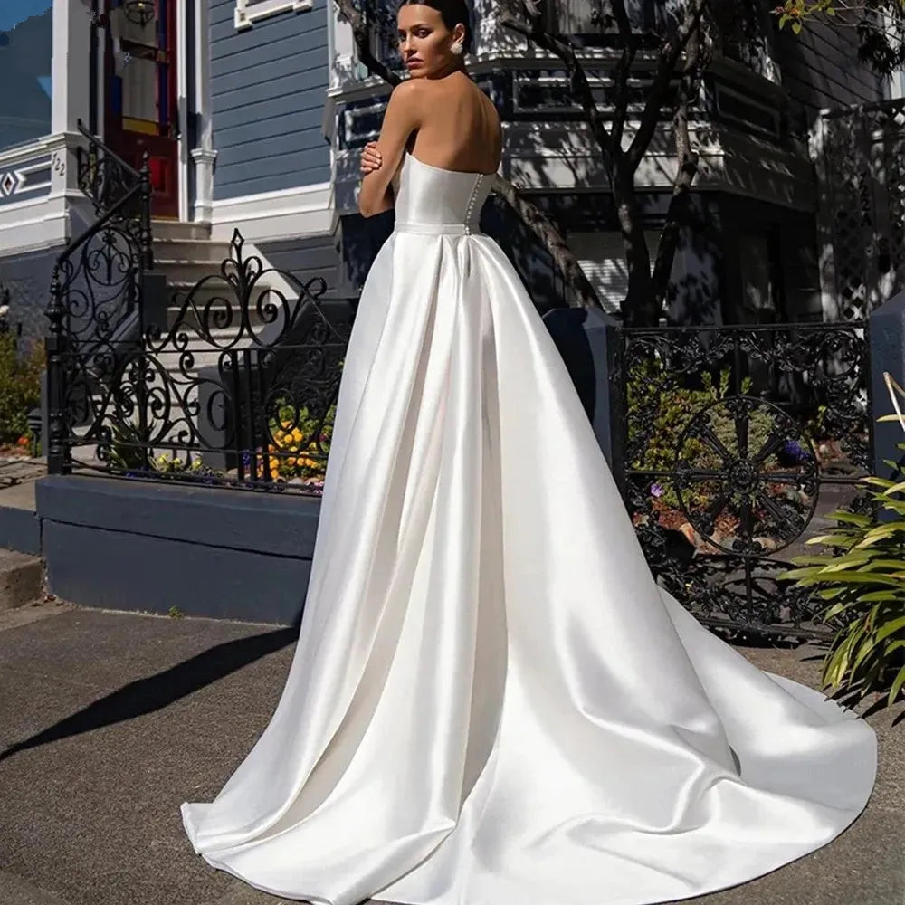 Sodigne Simple Sweetheart A-Line Wedding Dresses Elegant Lengan Tanpa Gaun Pengantin Gaun Satin Split Robe De Mariée