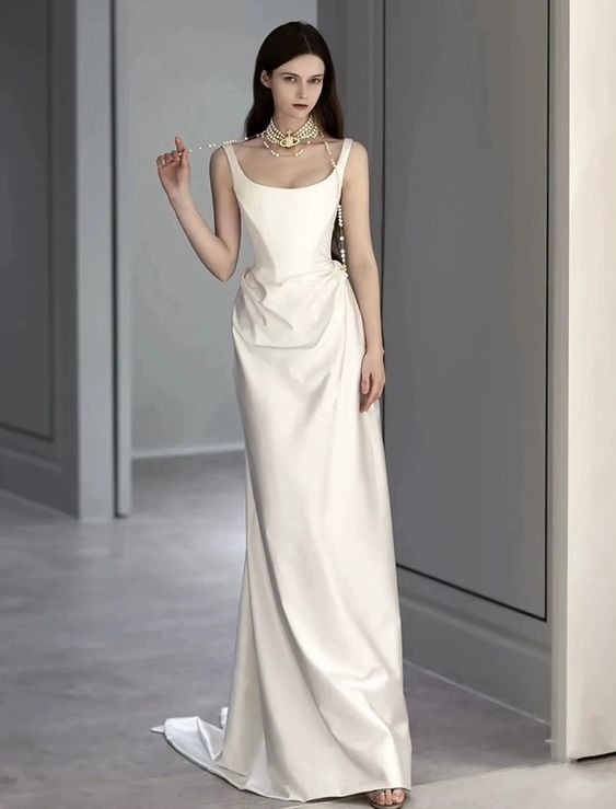 Französischer Stil weißer Satin -Trailing Braut Hochzeitskleid Elegante Abschlussball Abendkleider für Frauen Sommer sexy formelle Vestidos