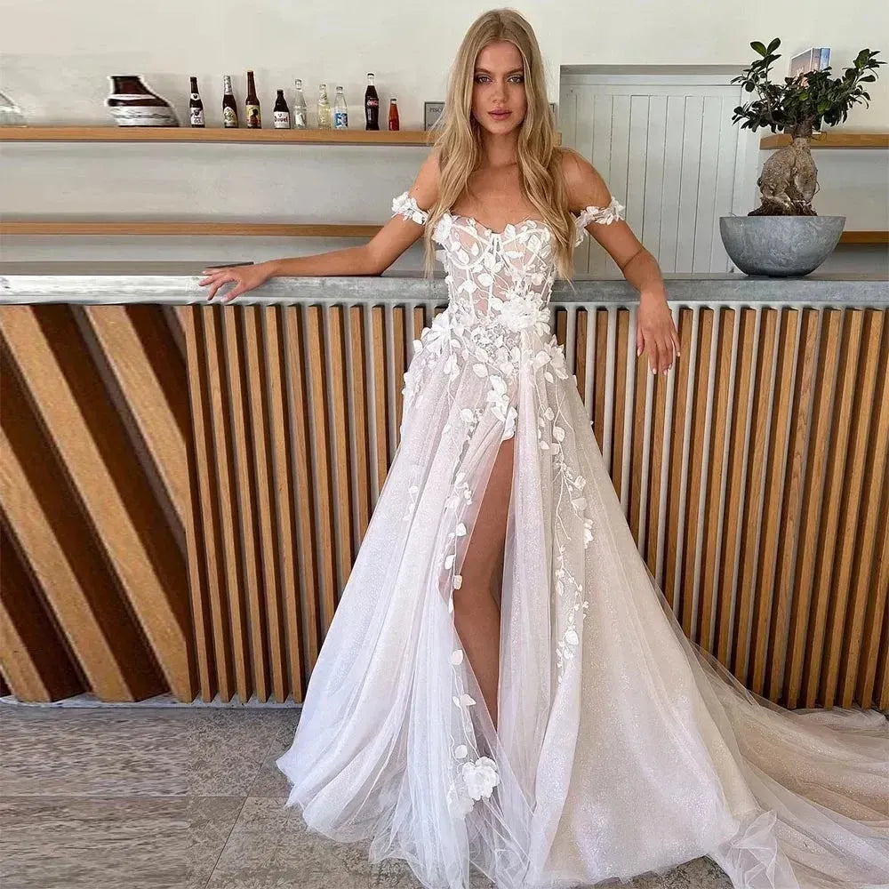 Beach Tulle 3D Flowers Wedding Dresses Off Shoulder Sweetheart Neck Bridal Gowns Side Split Appliques Wedding Gown White 20w