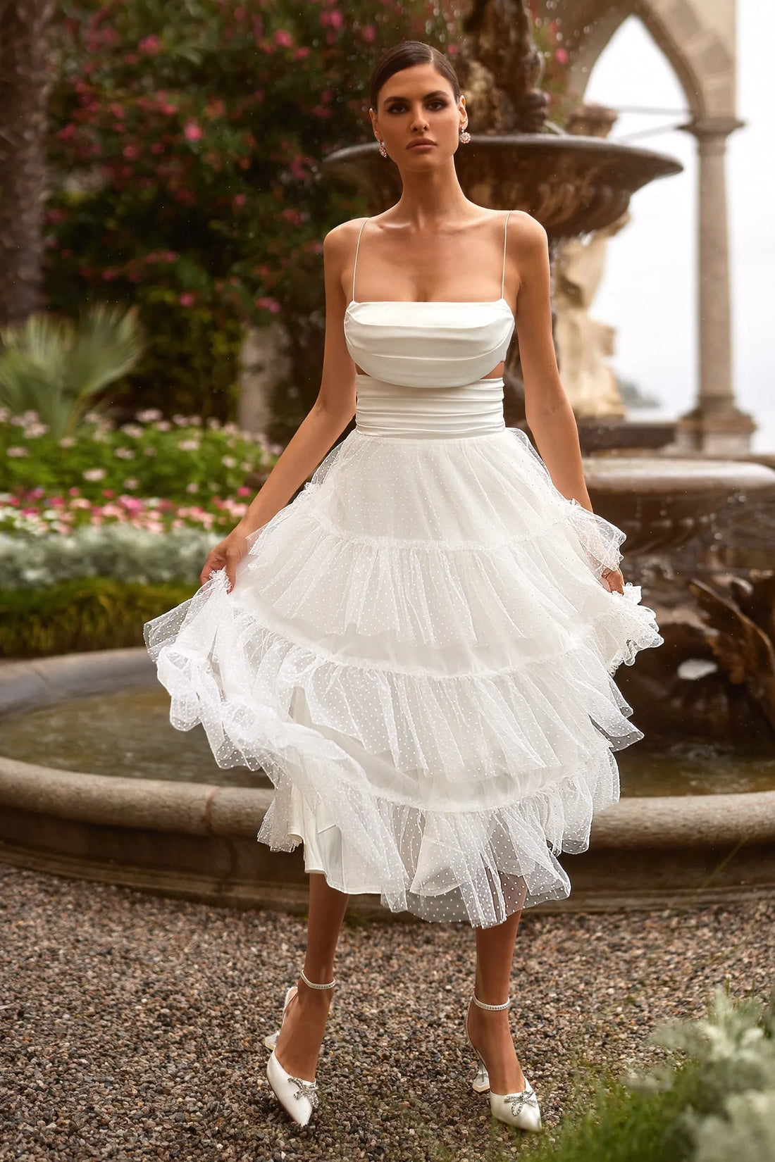 2 pieces A-Line Wedding Dresses Spaghetti Strap Tiered Dots Tulle Bridals Party Gowns Tea Length Brides Evening Dresses