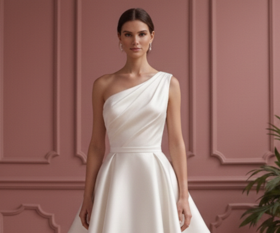 One Shoulder Wedding Dress Grecian Short Satin Bridal Gown