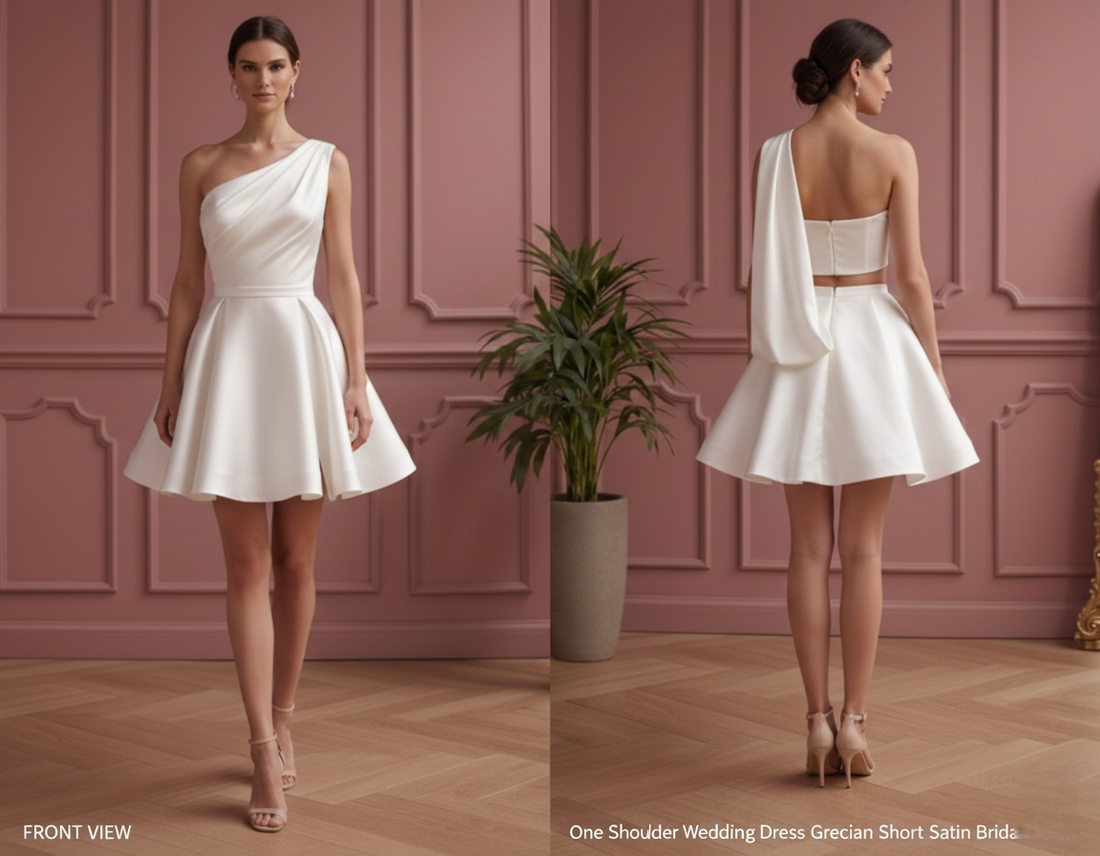 One Shoulder Wedding Dress Grecian Short Satin Bridal Gown