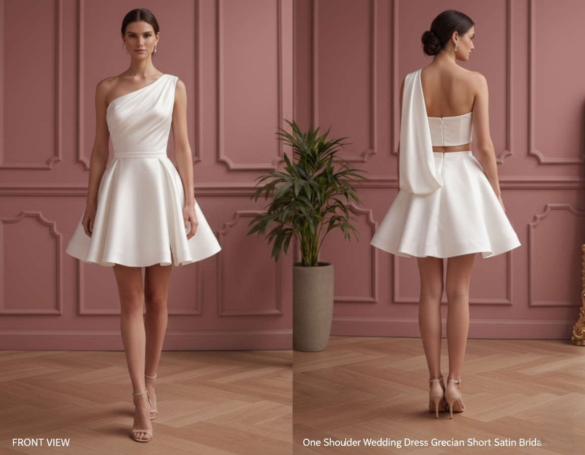 One Shoulder Wedding Dress Grecian Short Satin Bridal Gown