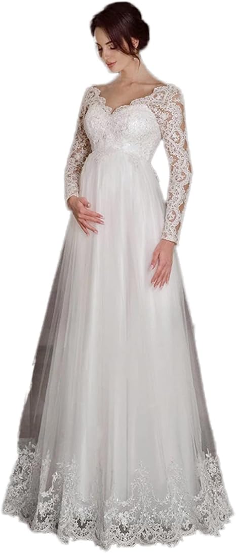 Pregnant Wedding Dresses Lace Tulle Full Sleeves Deep V Neck A Line Empire Waist Long Floor Length Bride Gown Women Formal