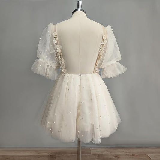 DIDEYTTAWL Photo réelle 3D fleurs manches bouffantes robe de mariée courte perles col en V profond dos nu Tulle Mini robe de mariée