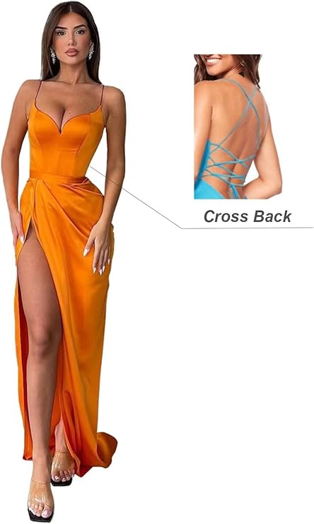 Plunging Long Prom Dresses Stretchy Satin High Slit Formal Party Women Evening Gowns Elegant Simple Custom made