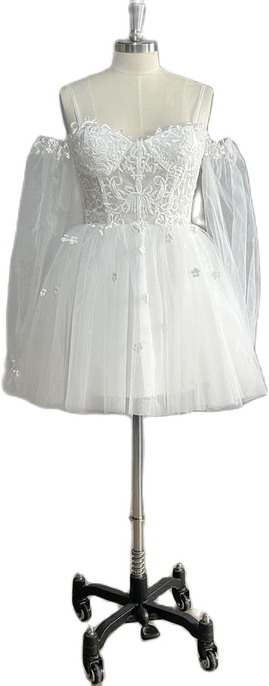 Dideytttawl sweetheart maniche lunghe tulle abito da sposa corto mini lunghezza fuori spalla abito da sposa foto