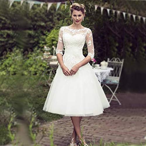 Vintage 50's Style Short Lace Wedding Dresses Half Sleeves Tulle Lace Applique Teh Panjang Pengantin Perkahwinan Gaun Dengan Butang