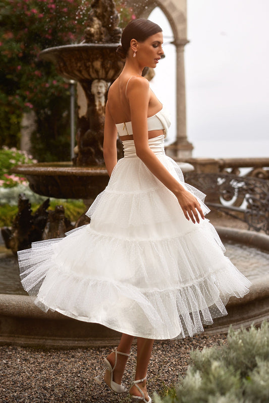 2 pieces A-Line Wedding Dresses Spaghetti Strap Tiered Dots Tulle Bridals Party Gowns Tea Length Brides Evening Dresses
