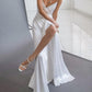 V-Neck White Wedding Dresses Sexy Spaghetti Straps Side Thigh-Slit Bride Dresses Soft Satin A-Line Wedding Gowns