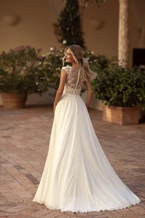 Gaun Perkahwinan Boho Elegant Boho Chiffon O-Neck Illusion Back Beach Side Split Applique Bridal Party Gown Vestidos de Novia