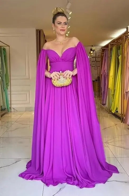 Comfy Chiffon Prom Dress Cape Sleeve Evening Dress Lavender فستان سهرة Sexy V-neck Floor Lenght Party Dresses Pink