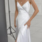 V-Neck White Wedding Dresses Sexy Spaghetti Straps Side Thigh-Slit Bride Dresses Soft Satin A-Line Wedding Gowns