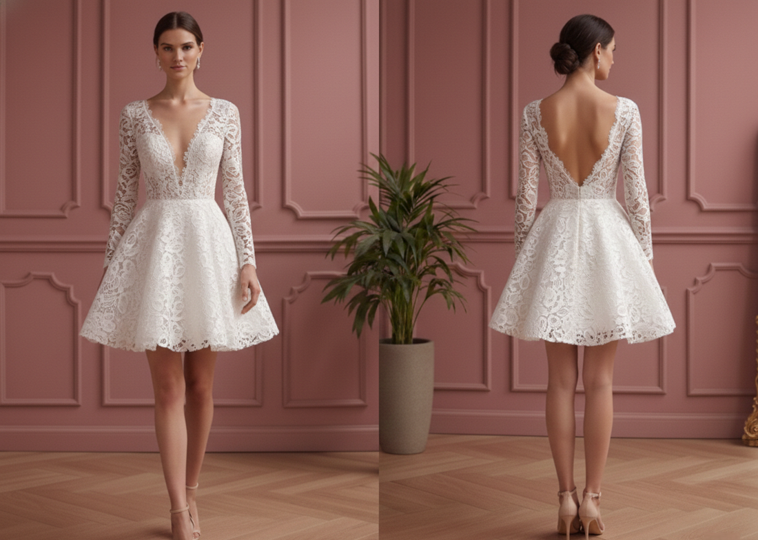 Plunging V-Neck Sleeve Wedding Dress Short Lace Mermaid Gown