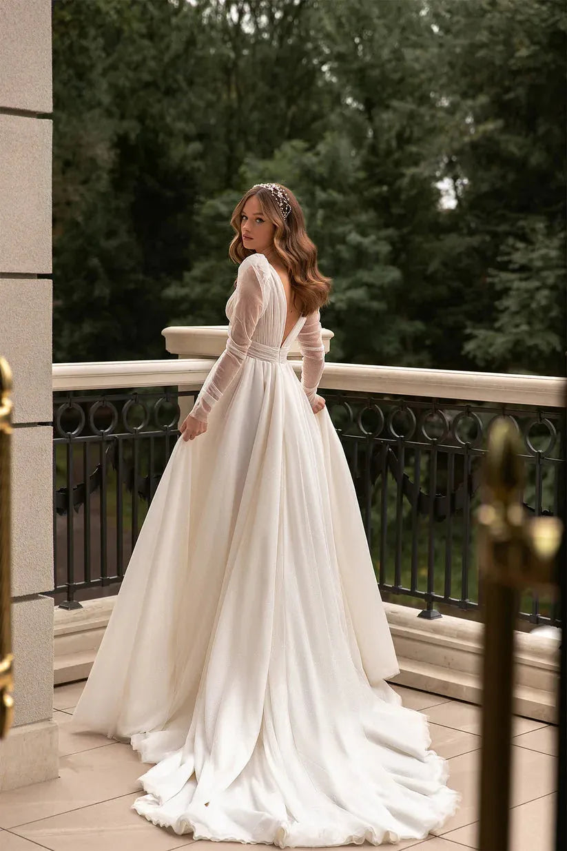 Fairy Ivory A Line Wedding Dress Long Sleeve V Neck Bride Dress Puff Tulle Side Split Boho Wedding Gowns 100cm