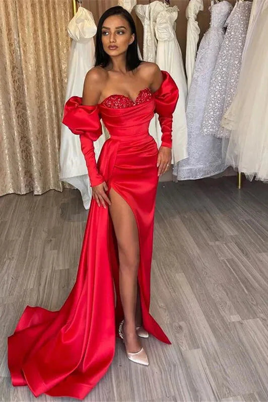 Red Sequins Chest Design Evening Dress Puffy Sleeve Mermaid Prom Dresses Silk Satin Fishtail Vestidos De Fiesta Red