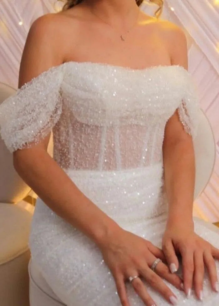 Booma Glitter Short Mermaid Wedding Party Dresses Off Shoulder Pleat Brides Evening Gown for Women Shiny Tea-Length Bridal Dress White