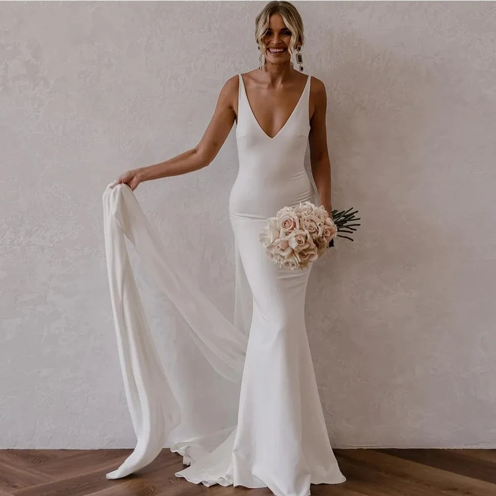 DREAM Deep V Neck Crepe Detachable Train Mermaid Wedding Dress Plain Sleeveless Open Back Simple Bridal Gowns Elegant