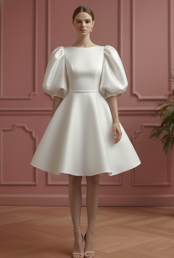 Short Puffy Sleeve Wedding Dress Romantic Classic Bridal Gown