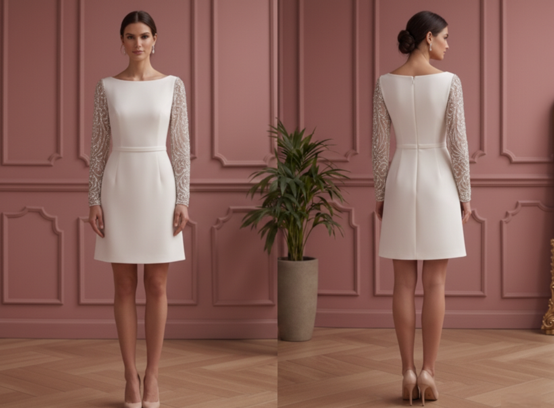 Beaded Sleeve Wedding Dress Simple Short Classic Bridal Wear