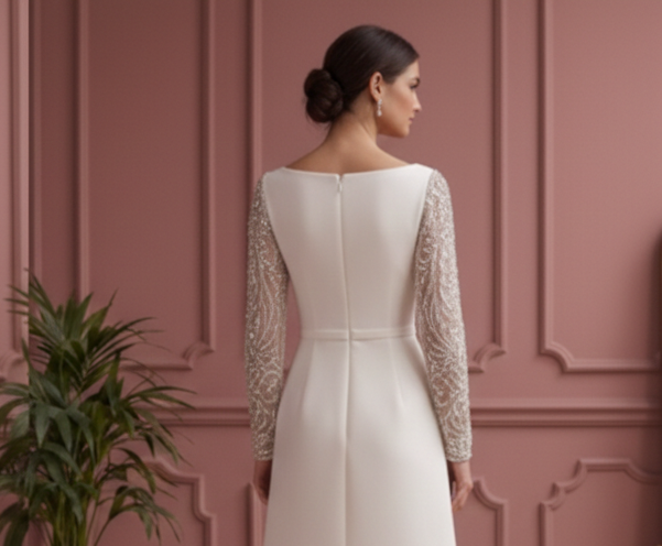 Beaded Sleeve Wedding Dress Simple Short Classic Bridal Wear